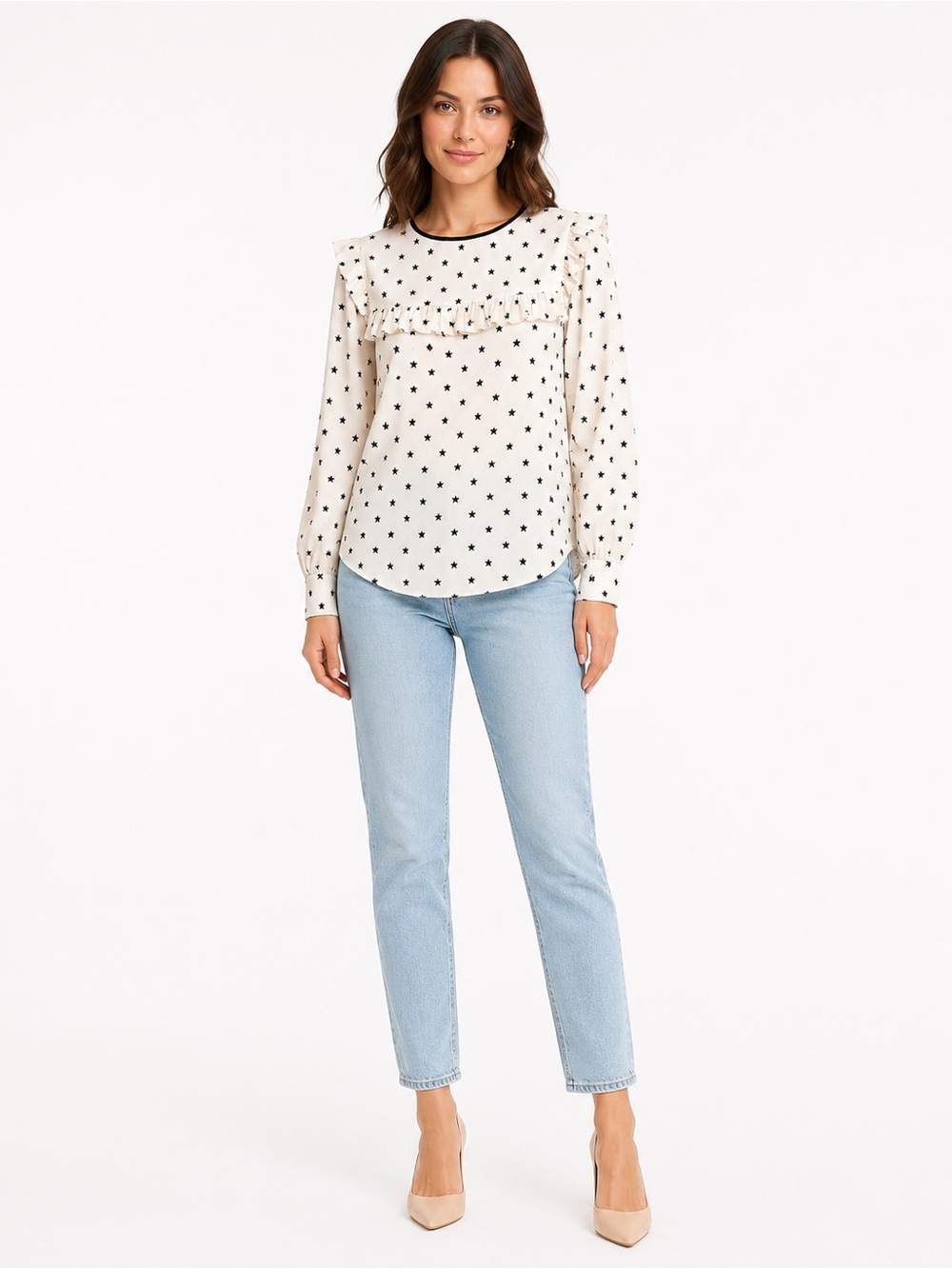 J CREW Womens Silk Star Printed Ruffle Blouse Top Shirt